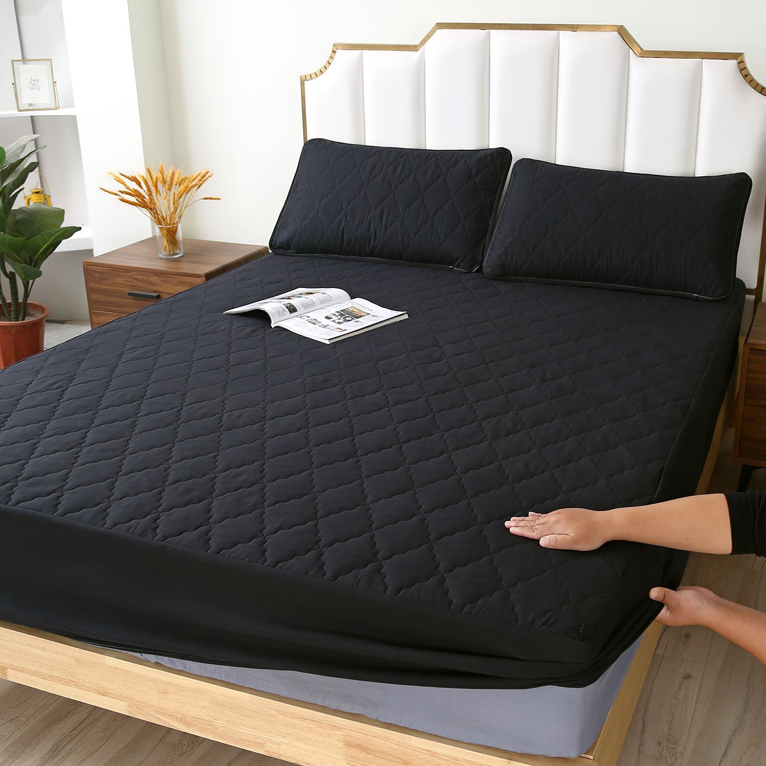 Waterproof Fitted Sheet Rhombus Black 90x200cm Rhombus-dark gray 90 * 200cm view 2