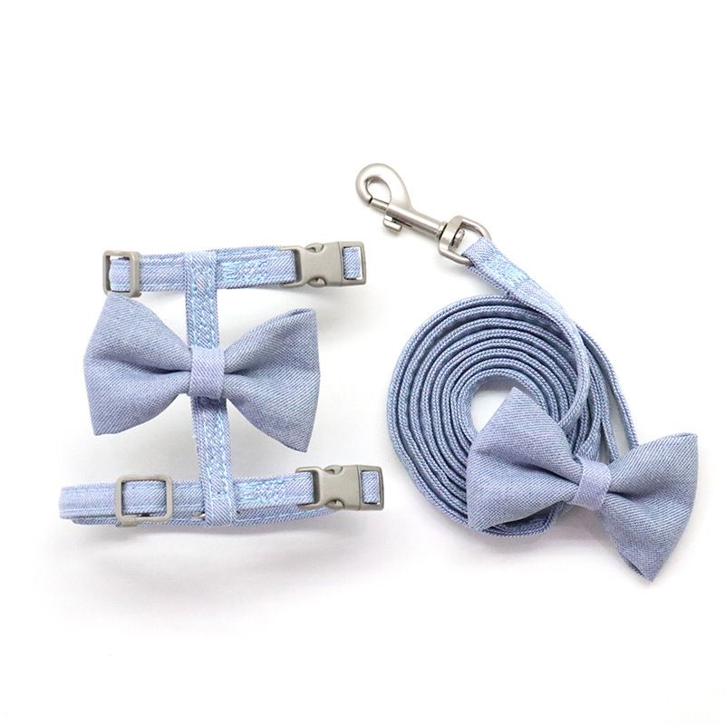 Cat Harness Polyester Bow Anti Escape Pet Leash Sky blue (cotton padded bow