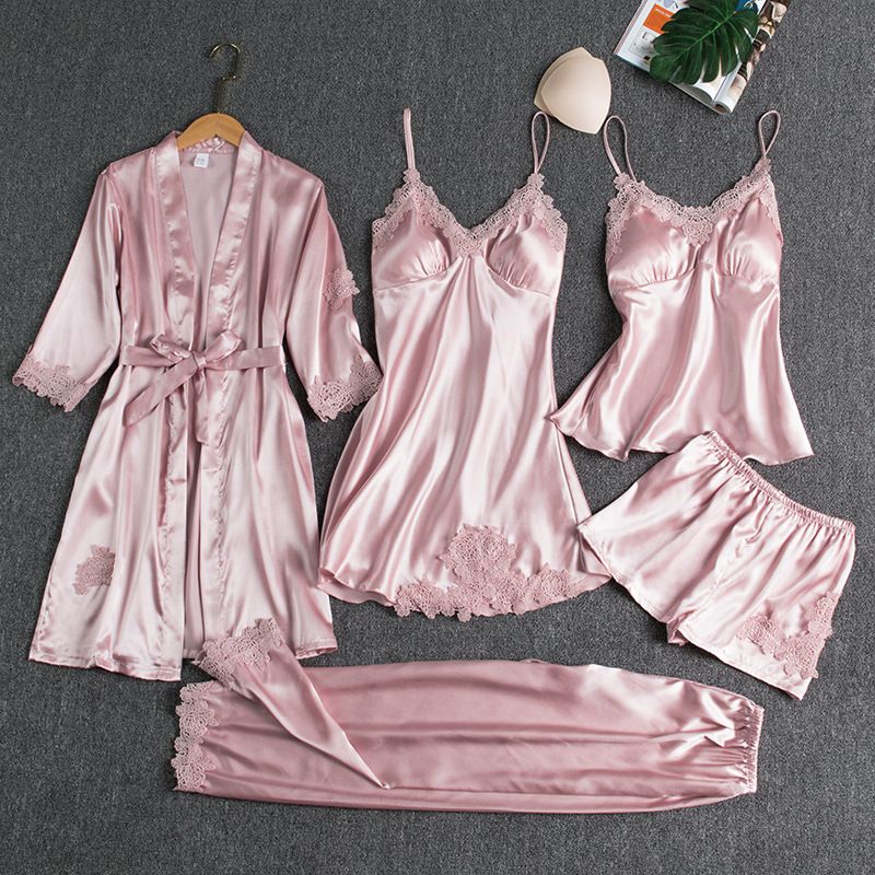 Women Five Piece Sleepwear Set Polyester V Neck Pink 4XL
