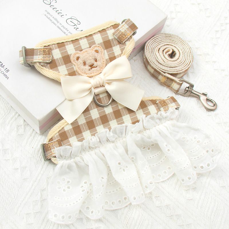 Pet Traction Strap Polyester Cat Dog Apricot large grid M size cotton nylon