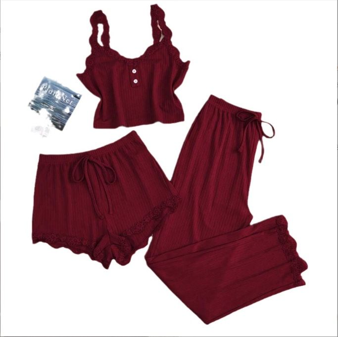 Subtle Lace Women Pajamas Set Sleepwear Wine Red view 6