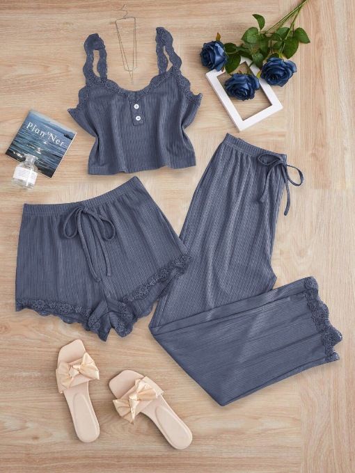Subtle Lace Women Pajamas Set Sleepwear Gray Blue XL