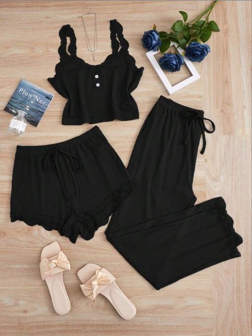 Subtle Lace Women Pajamas Set Sleepwear Black XXL