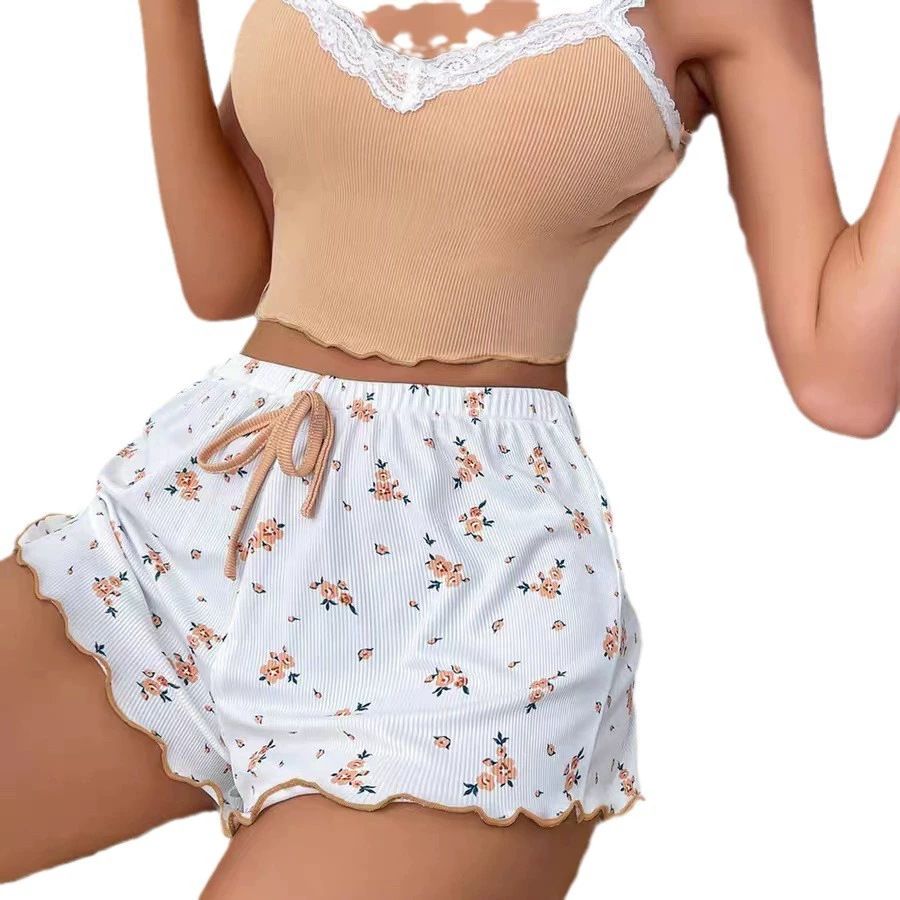 Women Sleepwear Set V Neck Sleeveless Shorts Suit Pink M view 5