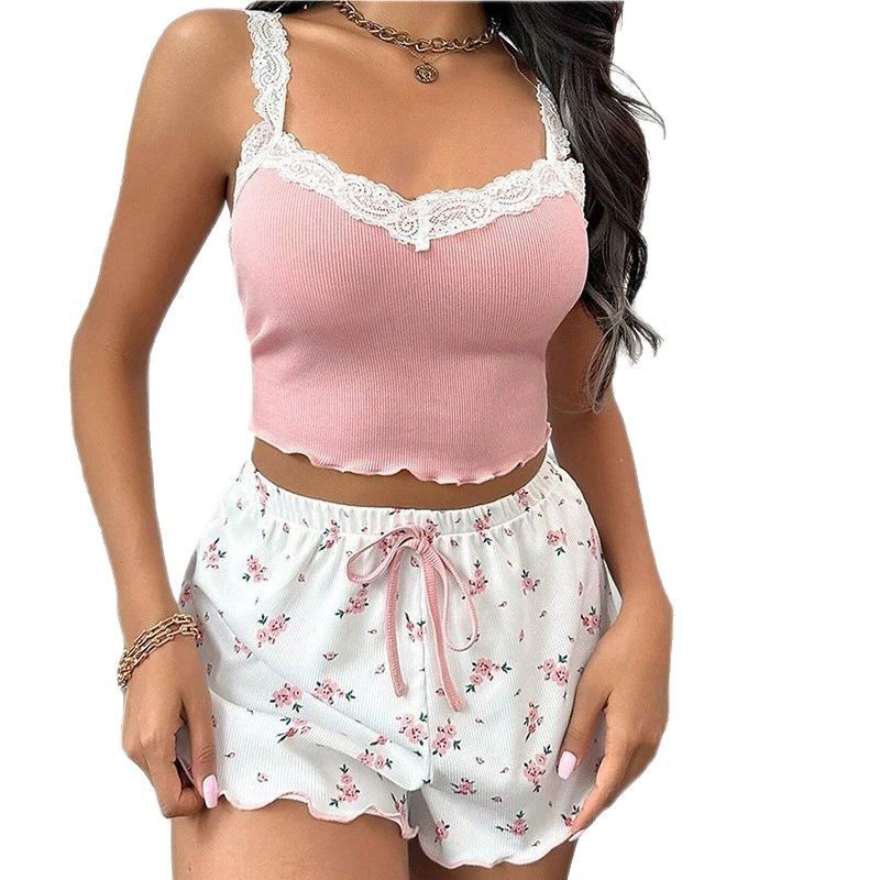 Women Sleepwear Set V Neck Sleeveless Shorts Suit Pink XL view 6