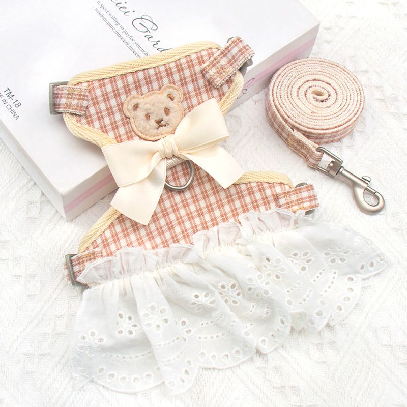 Cat Harness Polyester Bow Anti Escape Pet Leash Apricot small grid S
