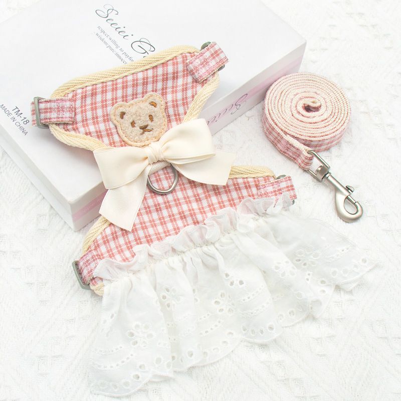 Cat Harness Polyester Bow Anti Escape Pet Leash Pink grid S (recommended 1.00