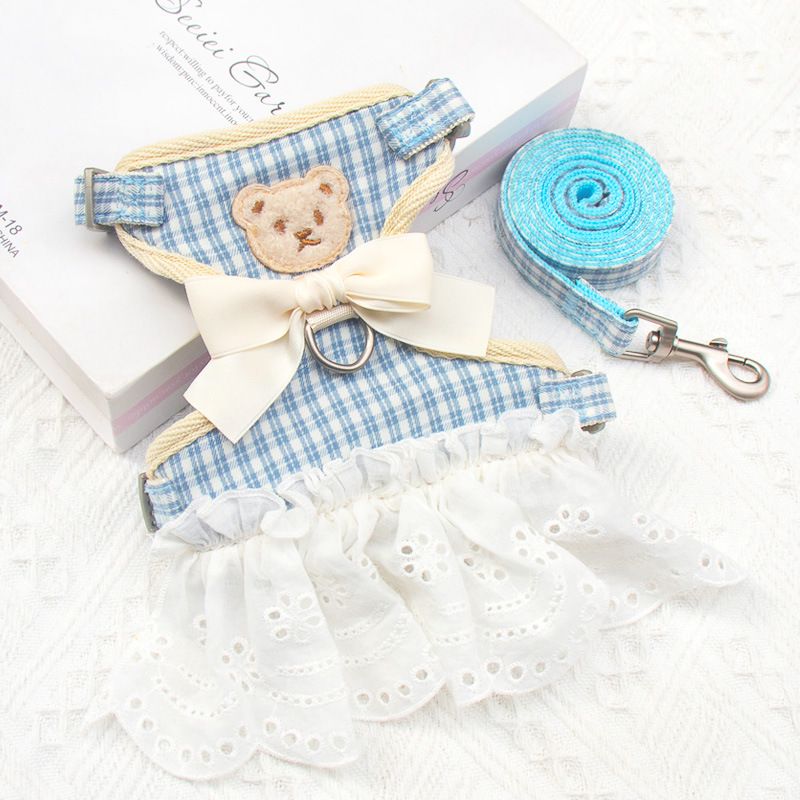Cat Harness Polyester Bow Anti Escape Pet Leash Blue grid S (recommended 1.00
