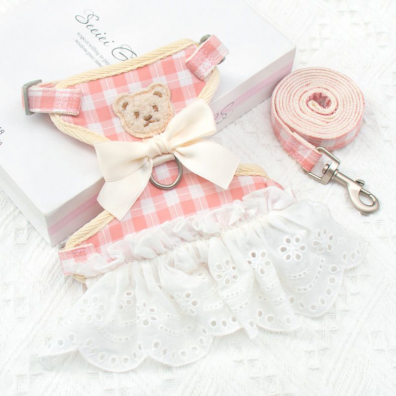 Cat Harness Polyester Bow Anti Escape Pet Leash Big pink grid S (recommended