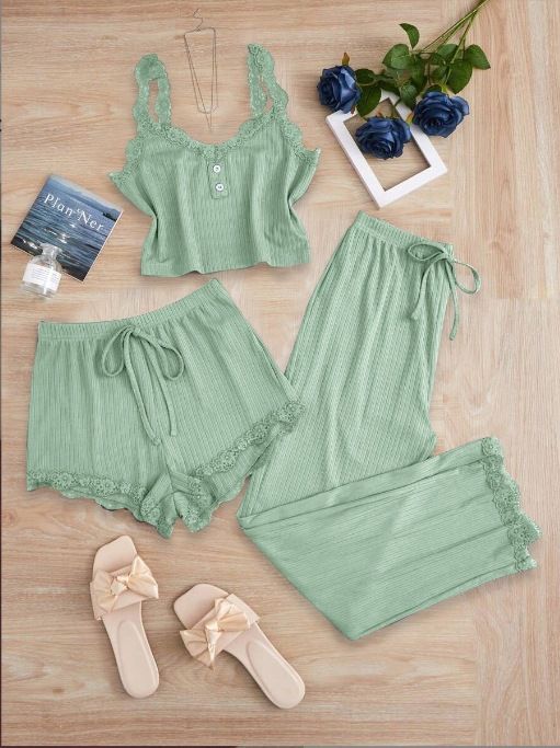 Subtle Lace Women Pajamas Set Sleepwear Mustard Green XXXL