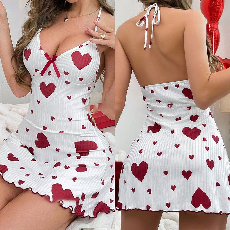 Women Sleeveless Milk Silk Sleepwear Set Heart Print Blue heart on white