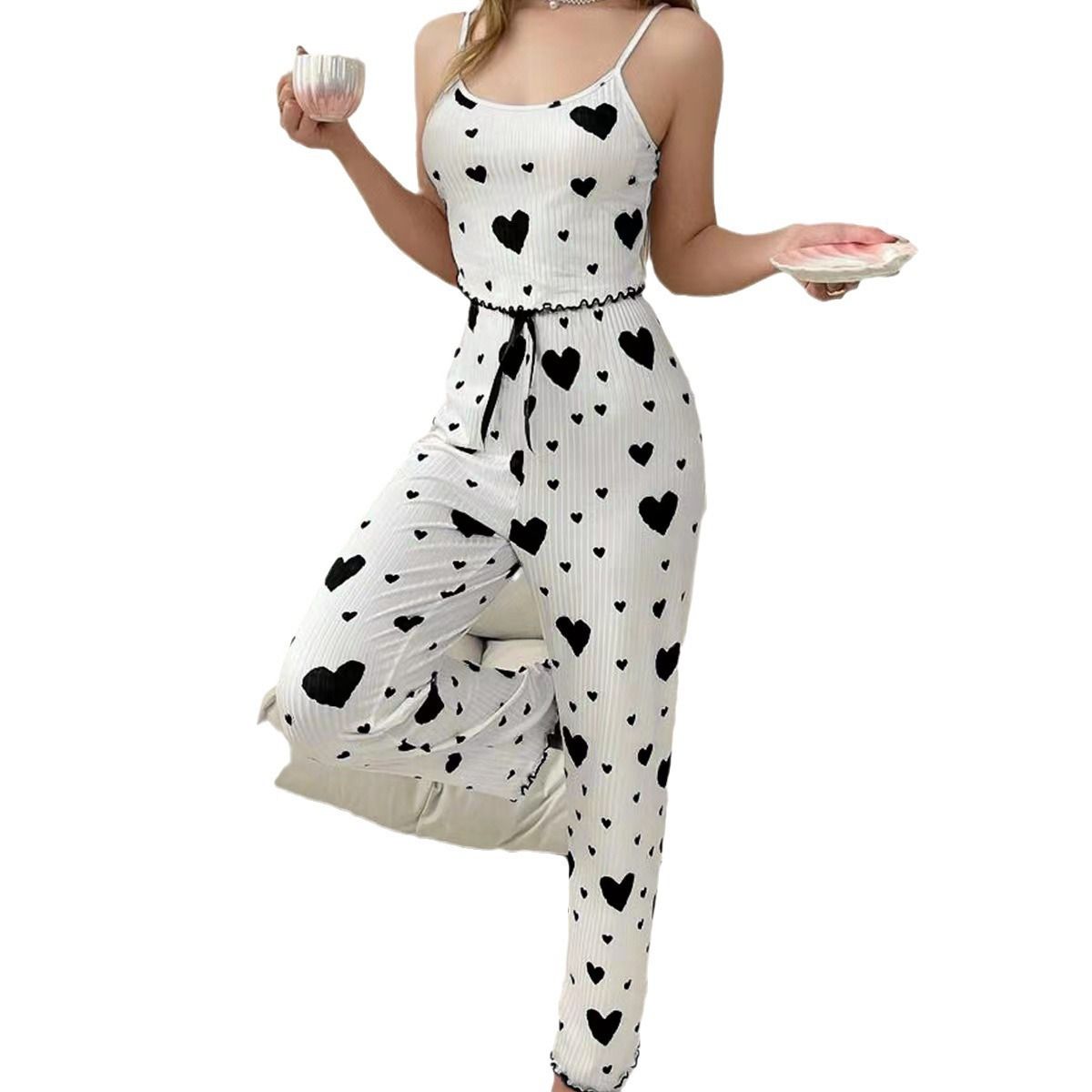 Women Polyester Pajamas Set Sleeveless Printed Sleepwear White and Black L view 6