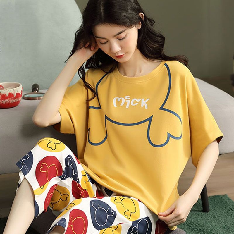 Women Cartoon Pajama Set Summer Thin Polyester S short-sleeved shorts green view 4