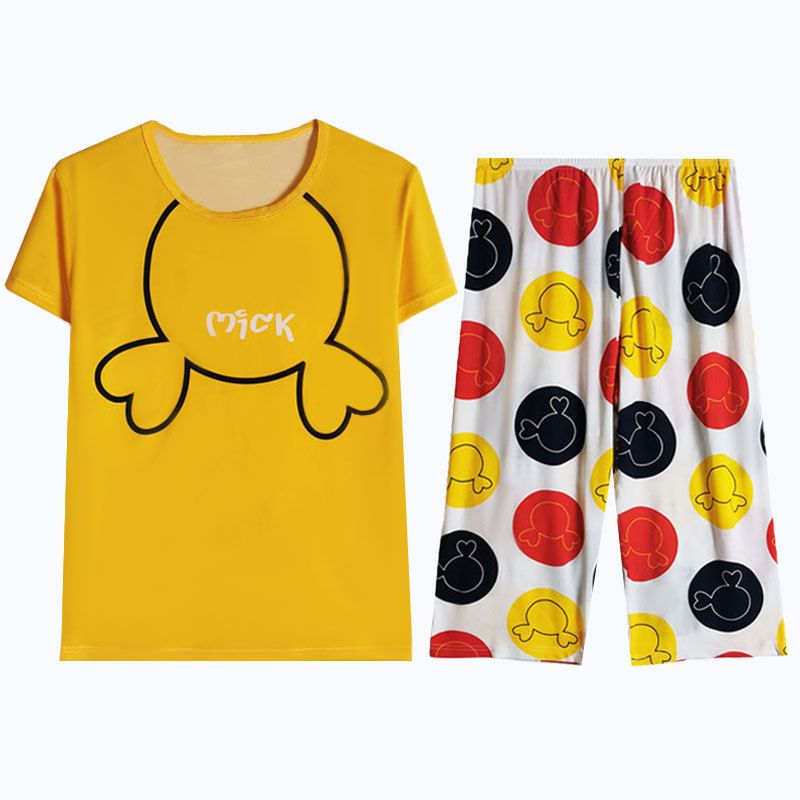 Women Cartoon Pajama Set Summer Thin Polyester S short-sleeved shorts green view 6