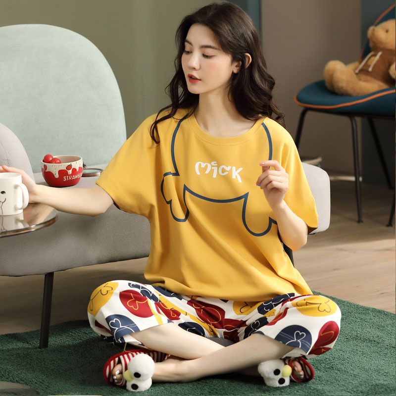 Women Cartoon Pajama Set Summer Thin Polyester S short-sleeved shorts green view 3