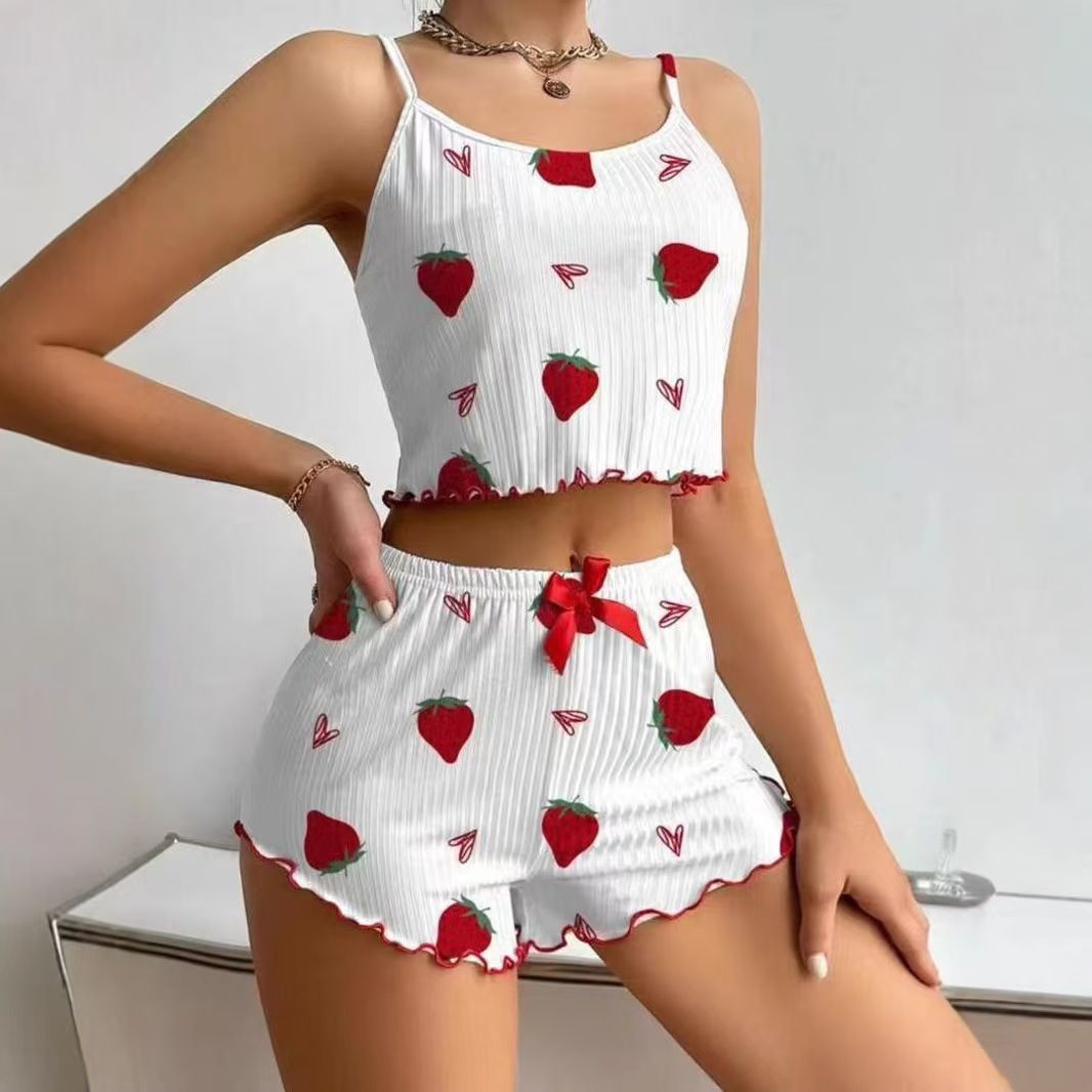 Women Sleepwear Set Summer Spandex Print White strawberry M view 2