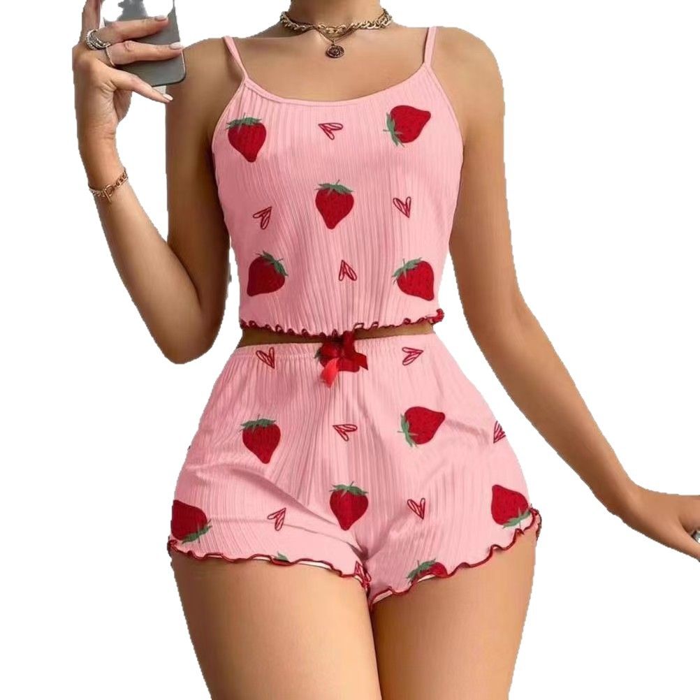 Women Sleepwear Set Summer Spandex Print White strawberry L view 6