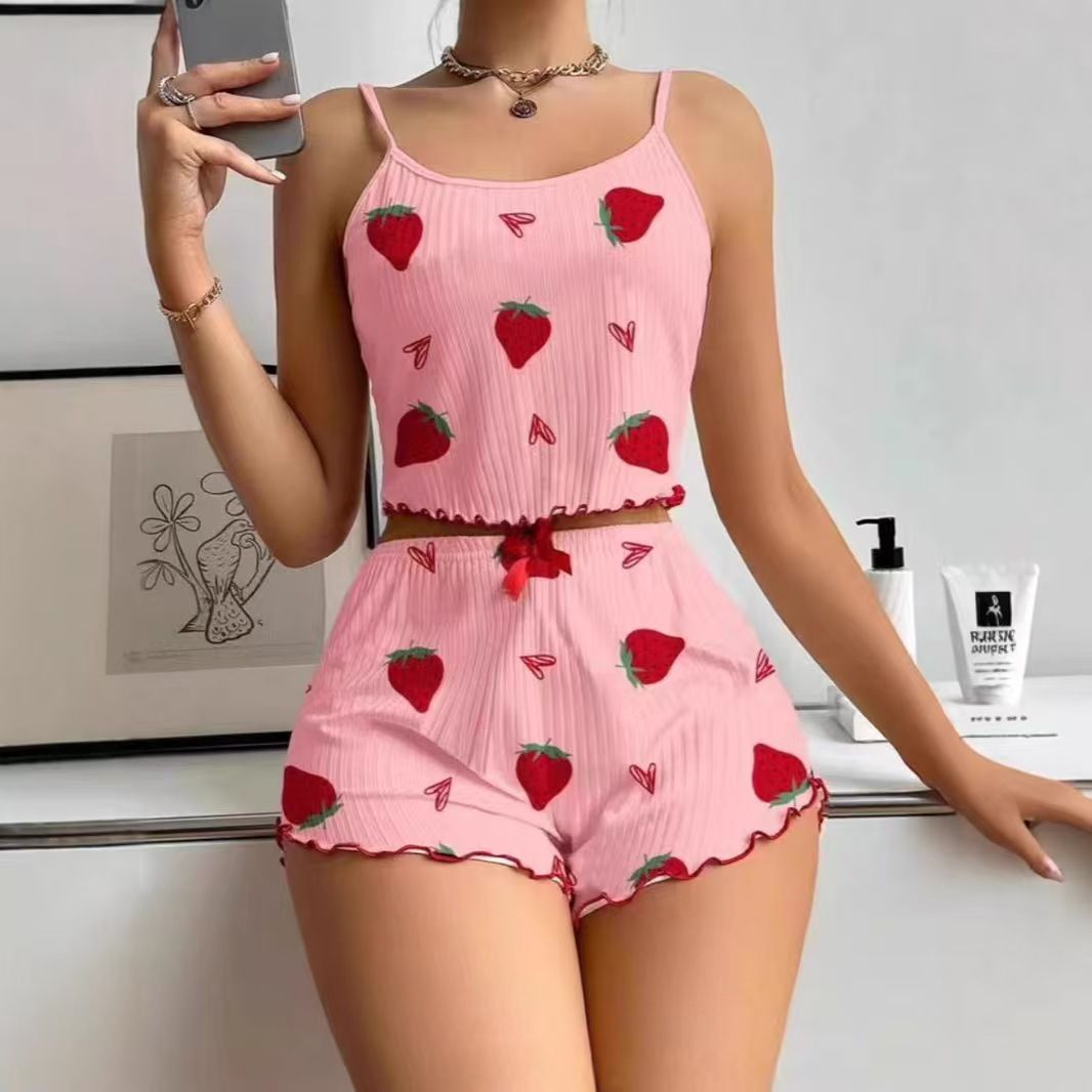 Women Sleepwear Set Summer Spandex Print White strawberry XXL view 5