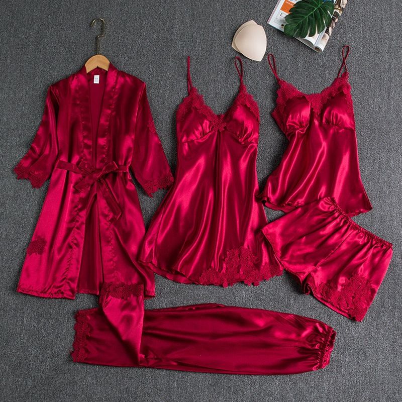 Women Sleepwear Set Long Sleeve Ice Silk Burgundy XXXL