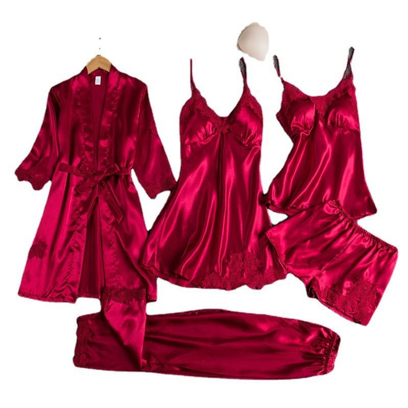 Women Sleepwear Set Long Sleeve Ice Silk Black XL view 6