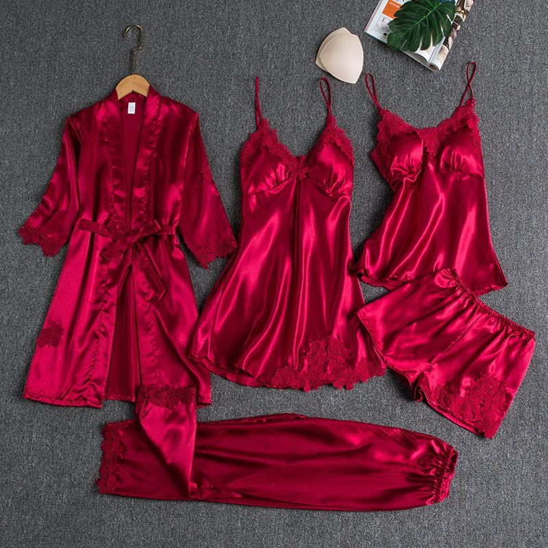 Women Sleepwear Set Long Sleeve Ice Silk Navy Blue view 2