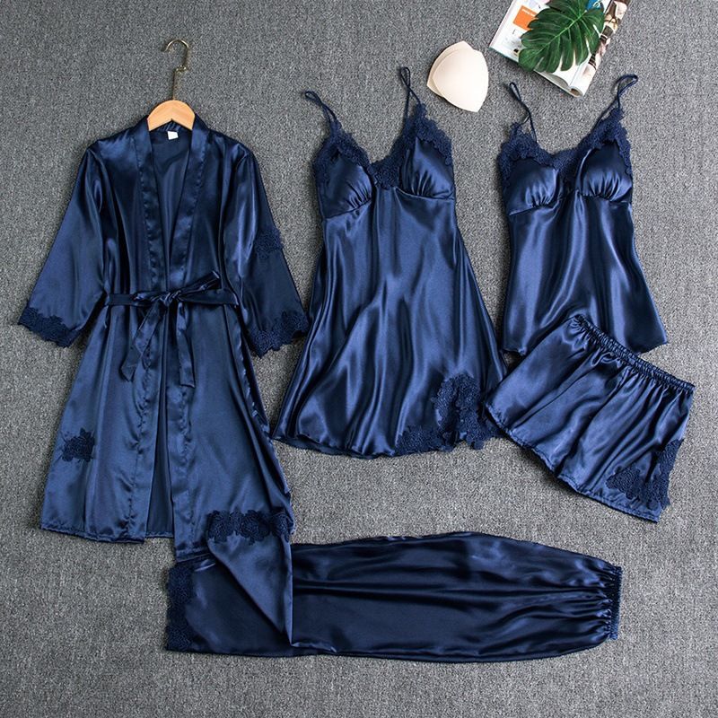 Women Sleepwear Set Long Sleeve Ice Silk Navy Blue XXL view 3