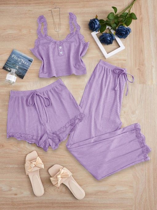 Subtle Lace Women Pajamas Set Sleepwear Light Purple 6XL