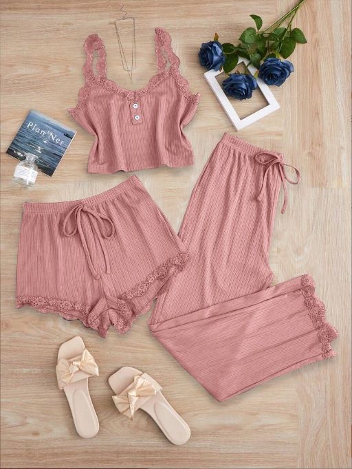 Subtle Lace Women Pajamas Set Sleepwear Pink 4XL
