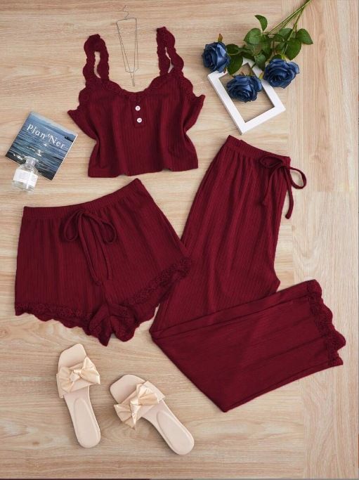 Subtle Lace Women Pajamas Set Sleepwear Wine Red 4XL