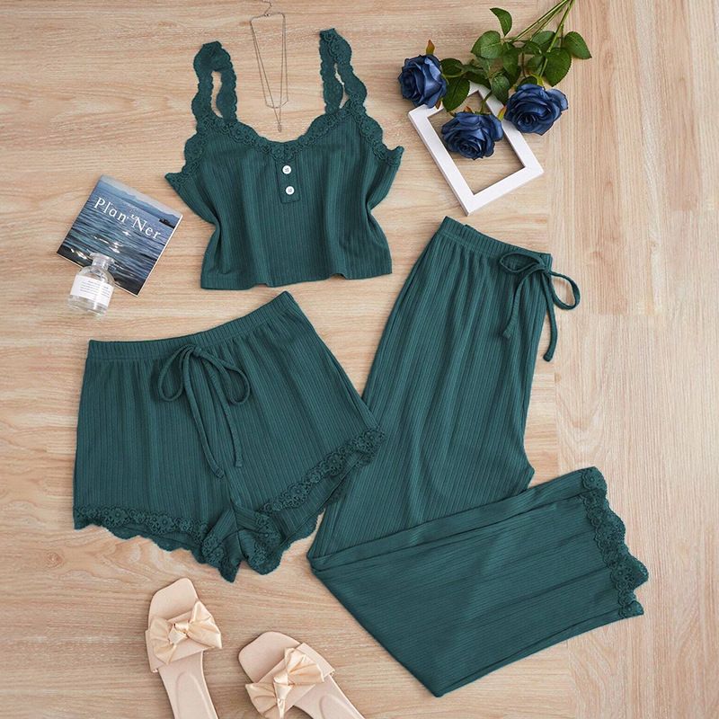 Subtle Lace Women Pajamas Set Sleepwear Forest Green 5XL