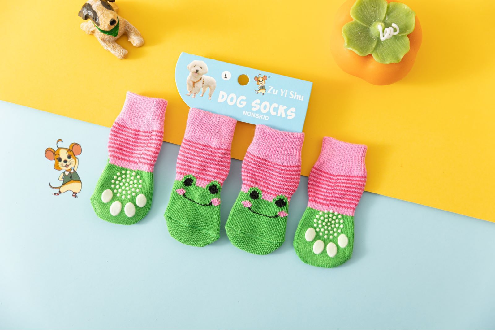 Foot art mouse Pet Socks Cartoon Anti Slip Pink frog M [recommended foot — image 1