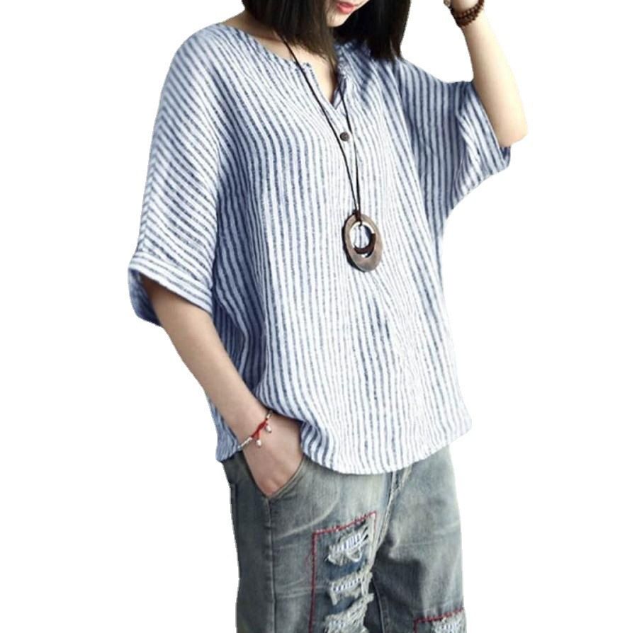 Women Striped Cotton Blend Batwing Casual Top T-Shirt grey XXL view 2
