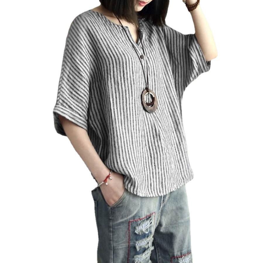 Women Striped Cotton Blend Batwing Casual Top T-Shirt grey XXL view 5