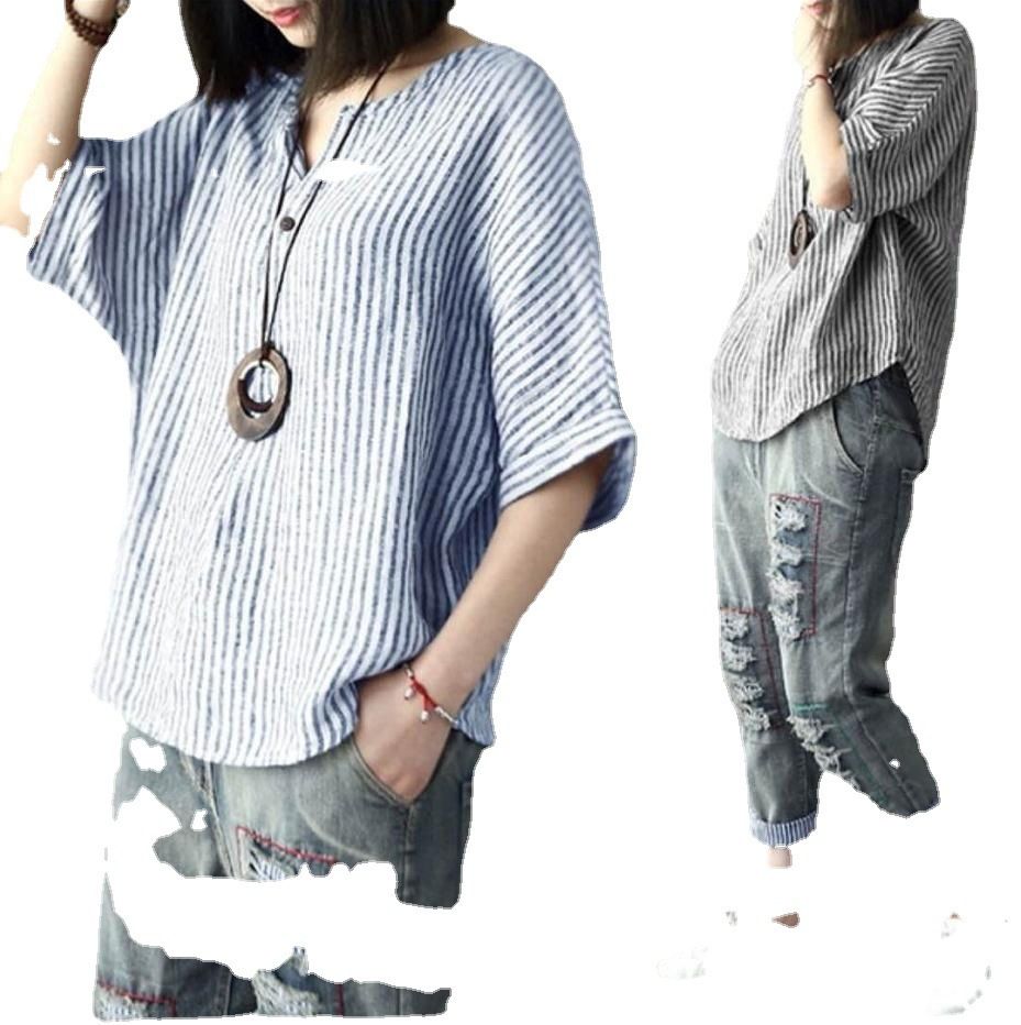 Women Striped Cotton Blend Batwing Casual Top T-Shirt Blue 4XL view 6