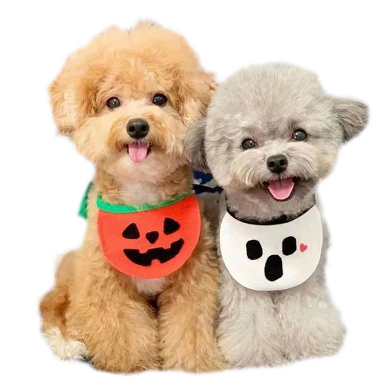 Pet Bandana Dog Cat Halloween Pumpkin Cartoon White Phantom Bib M (for pets up view 3
