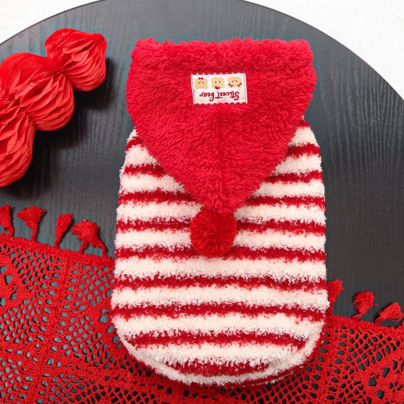 Pet Clothing Red Striped Hoodie Warm Winter Wear 560 stripes red cap XL (Chest view 5