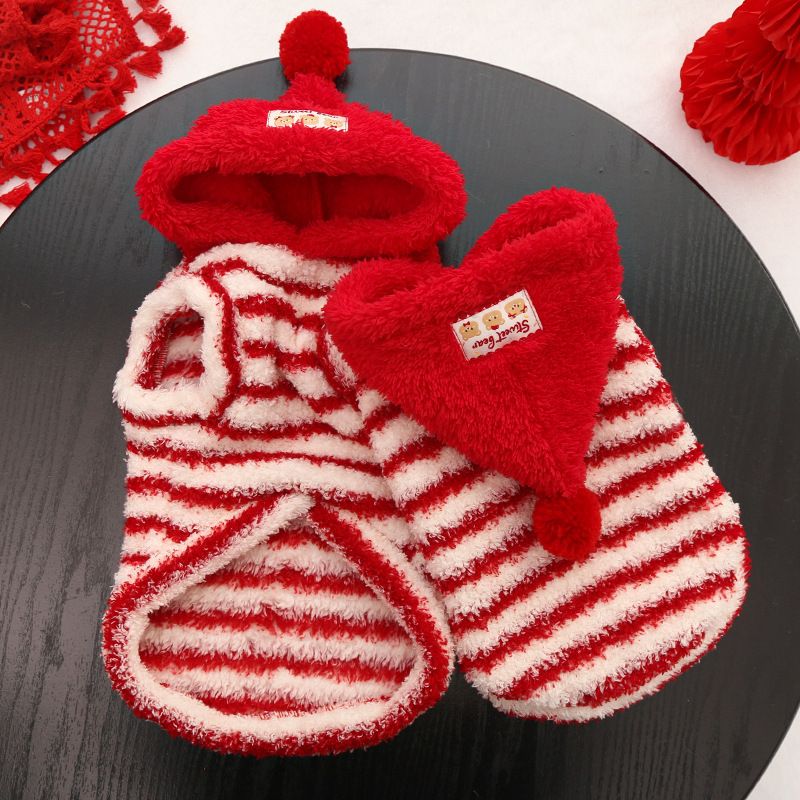 Pet Clothing Red Striped Hoodie Warm Winter Wear 560 stripes red cap 2XL view 2