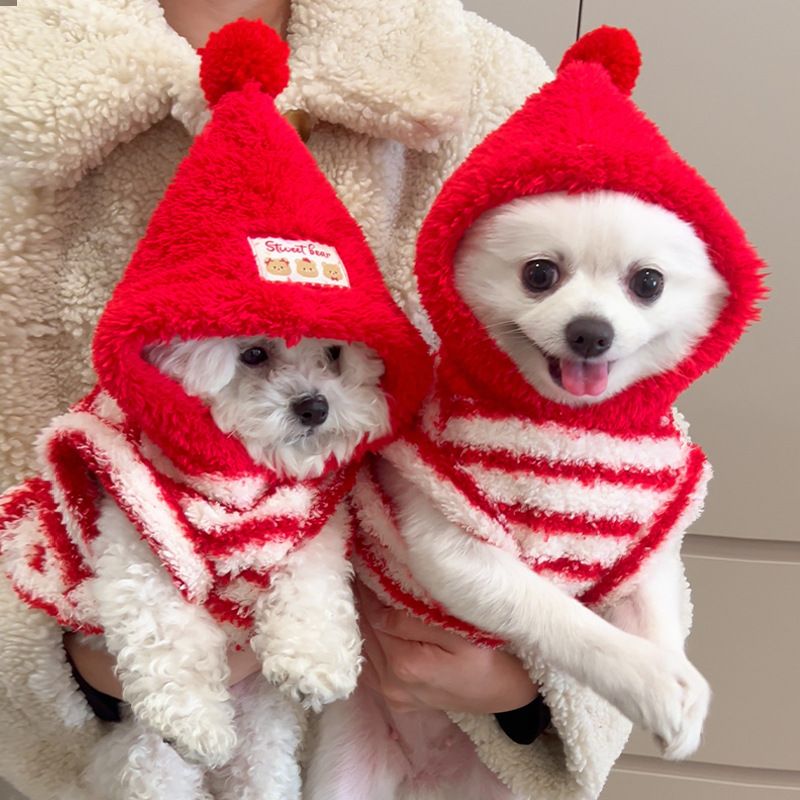 Pet Clothing Red Striped Hoodie Warm Winter Wear 560 stripes red cap 2XL view 3