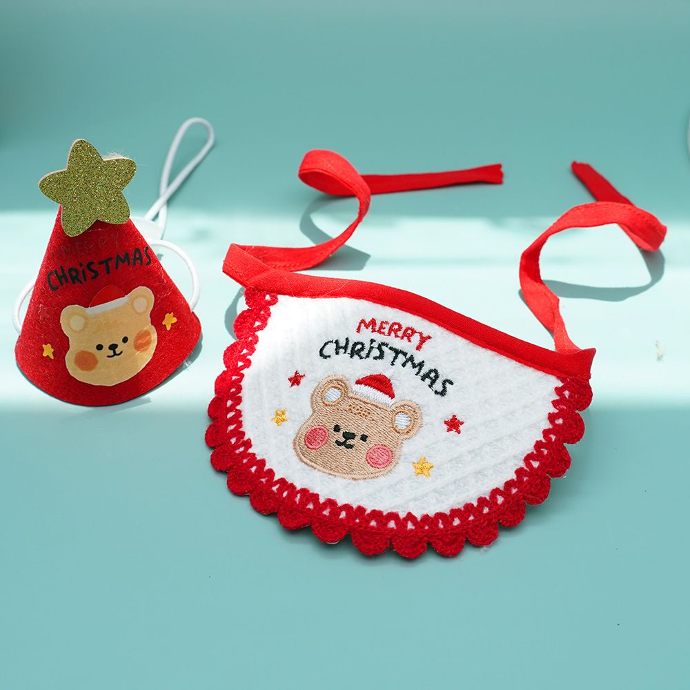 Noon Christmas Pet Hat Scarf Set Cartoon Bear Red Green A07G Red Bear view 2