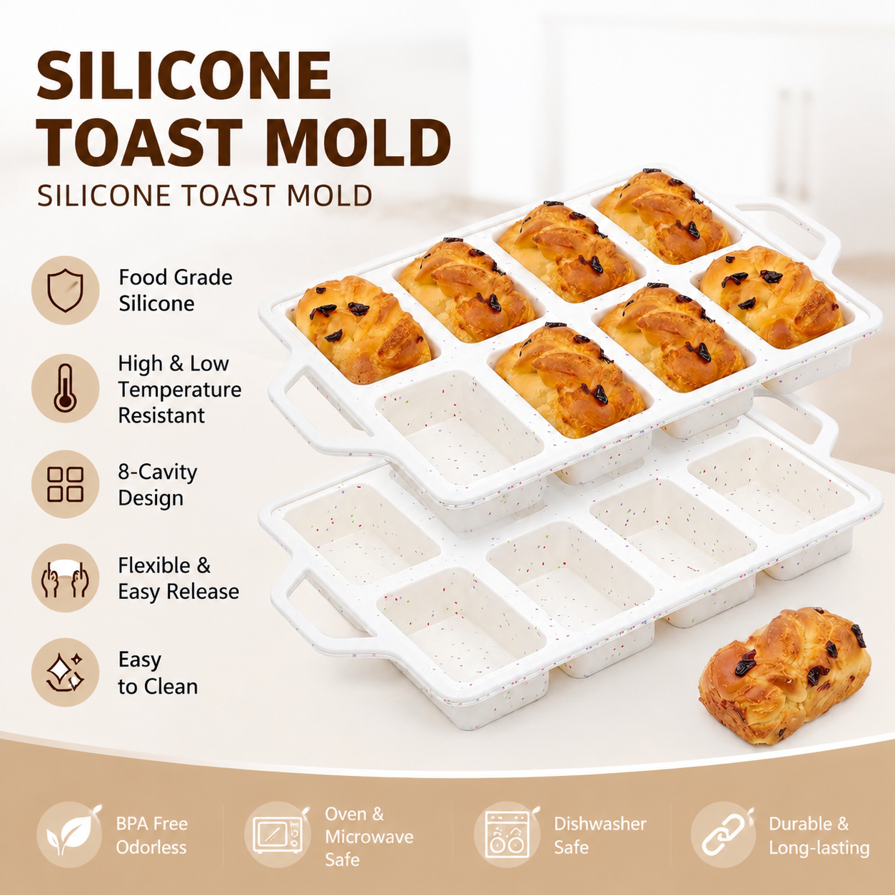 8-Cavity Mini Loaf Pan, Non-Stick Silicone Bread Mold with Sturdy Stainless view 2