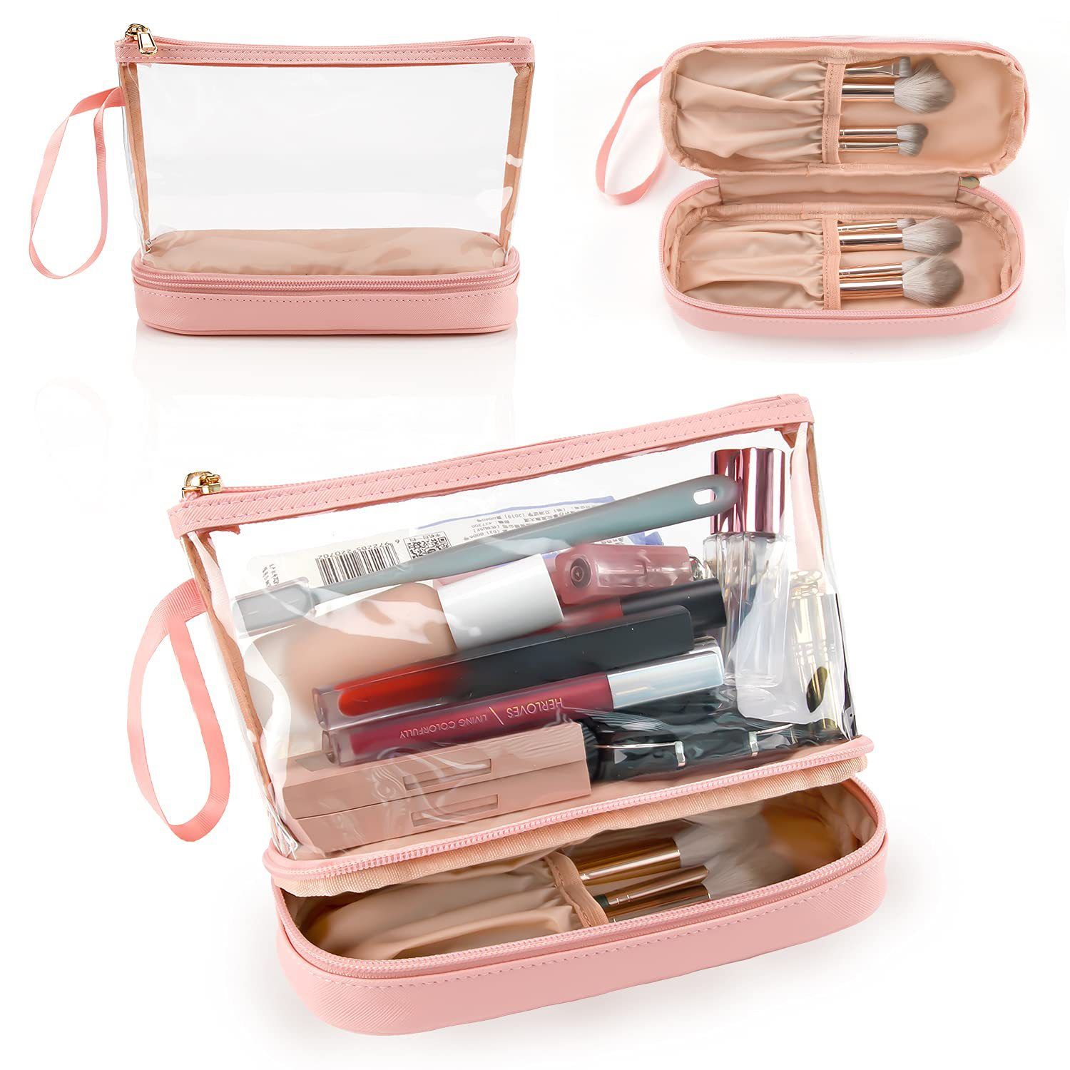 Double-Layer Portable Cosmetic Bag with Clear PVC Top and Vegan Leather Base view 10