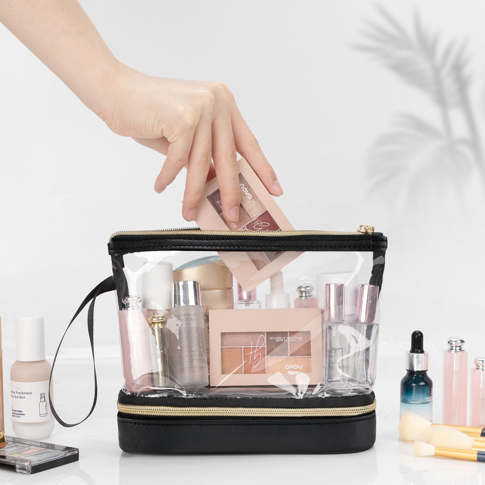 Double-Layer Portable Cosmetic Bag with Clear PVC Top and Vegan Leather Base view 4
