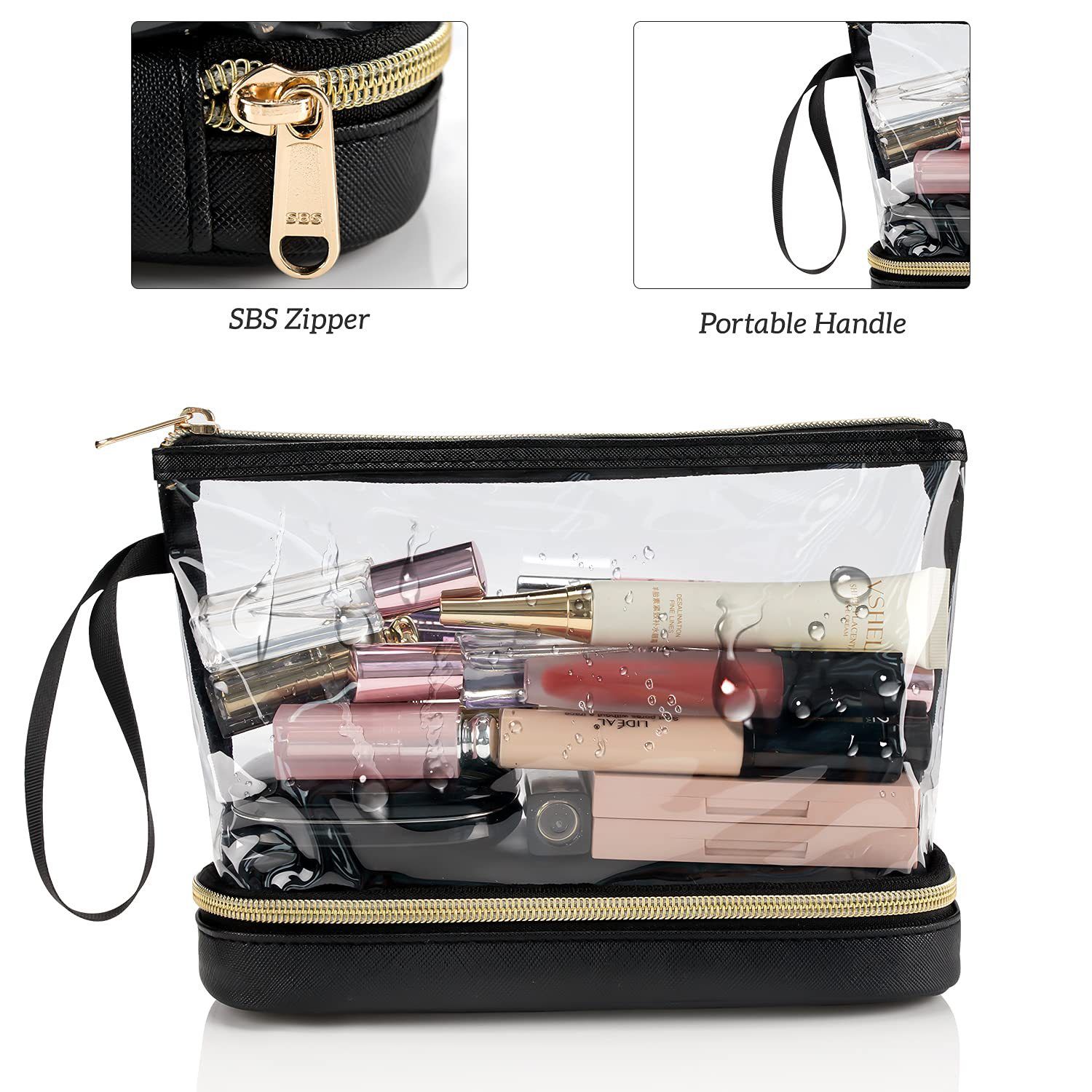 Double-Layer Portable Cosmetic Bag with Clear PVC Top and Vegan Leather Base view 6