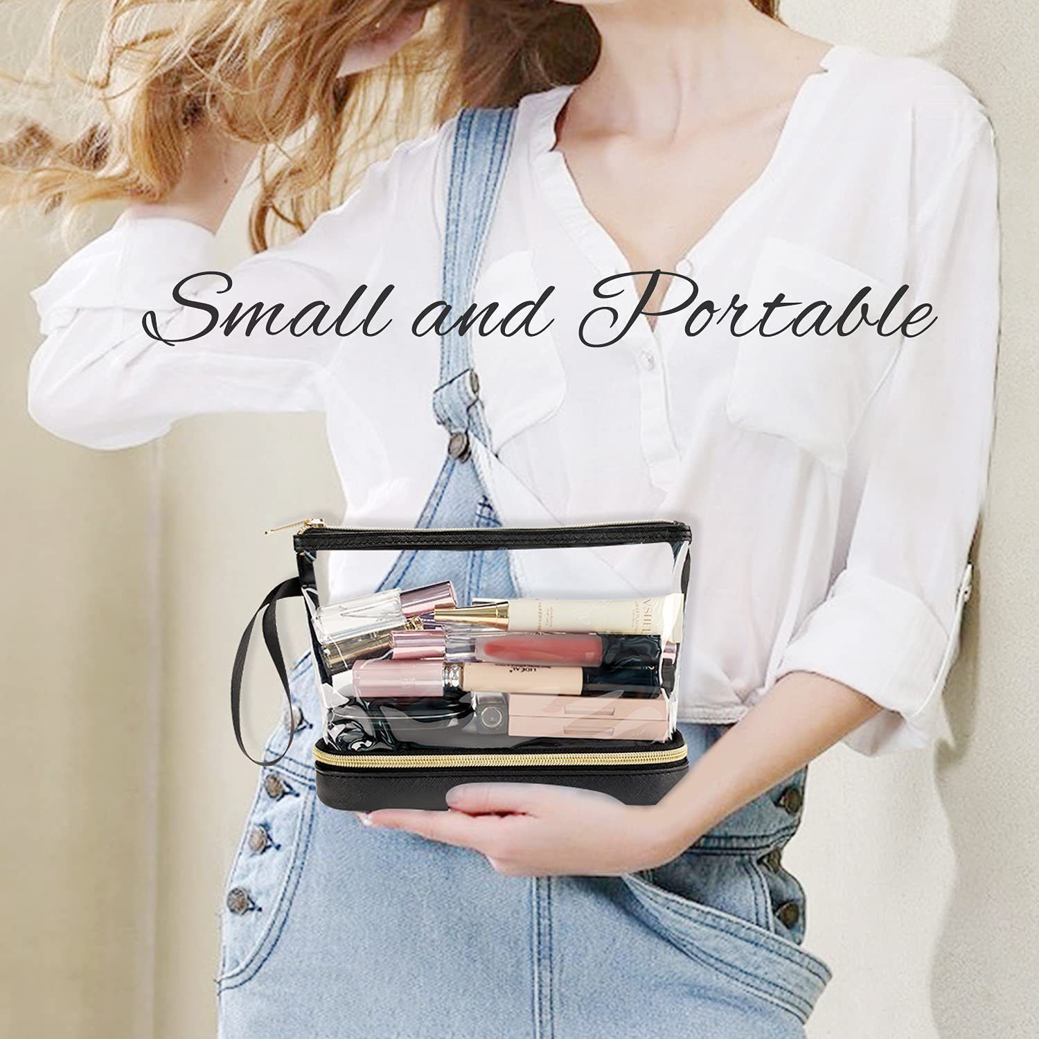 Double-Layer Portable Cosmetic Bag with Clear PVC Top and Vegan Leather Base view 9