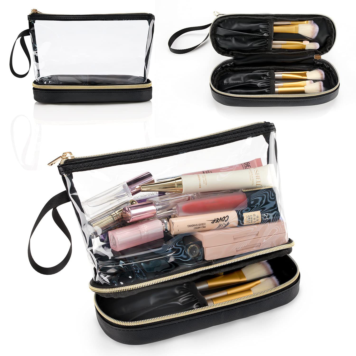 Double-Layer Portable Cosmetic Bag with Clear PVC Top and Vegan Leather Base view 10