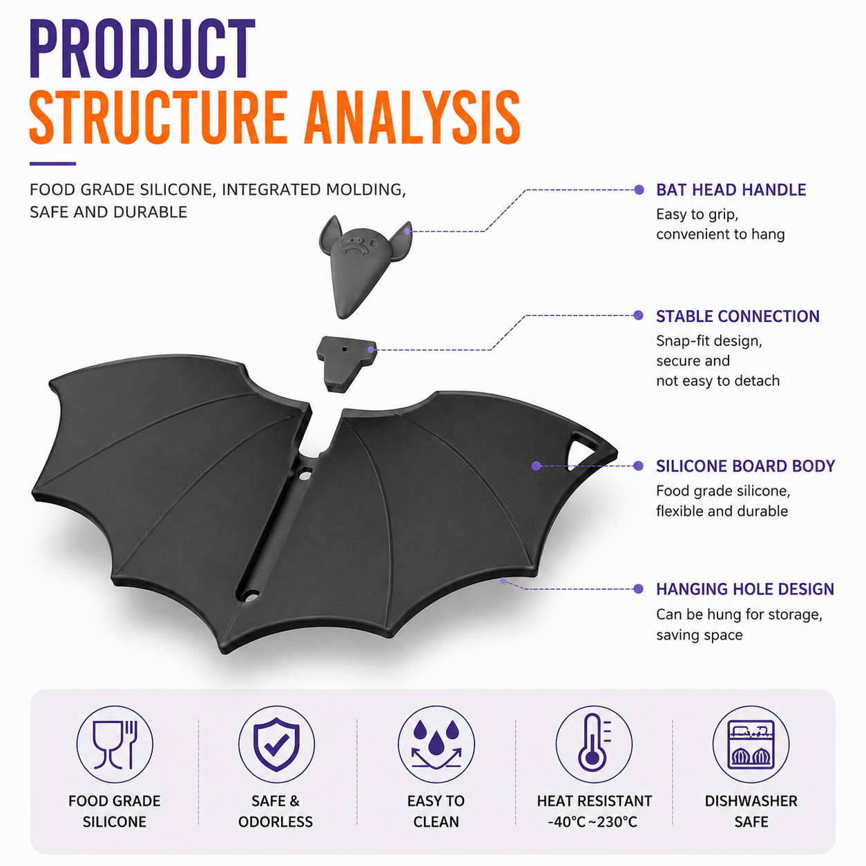 Halloween Bat-Shaped Silicone Cutting Board: Flexible view 3