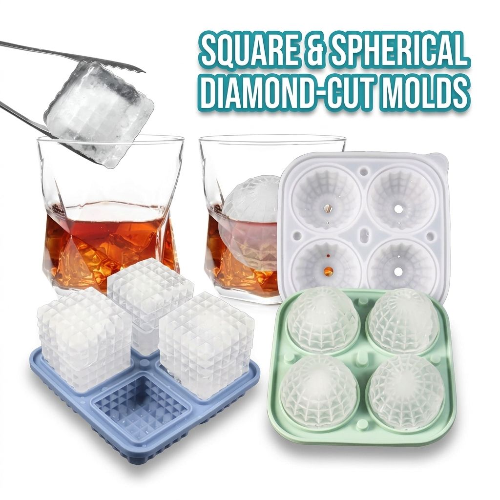 Diamond Facet Silicone Ice Cube Tray with Funnel Lid – Set of Square & Sphere — image 1