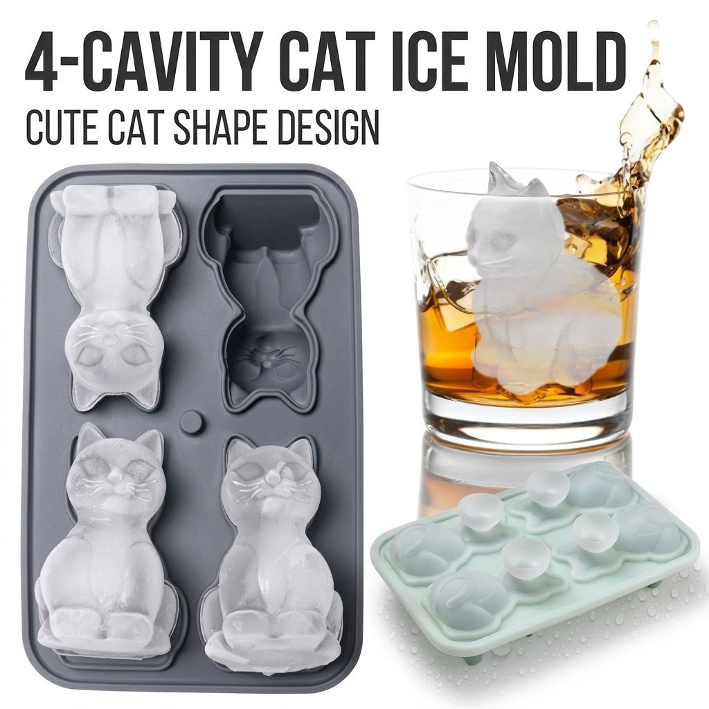 Adorable 4-Cavity Cat-Shaped Silicone Ice Mold for Whiskey view 2