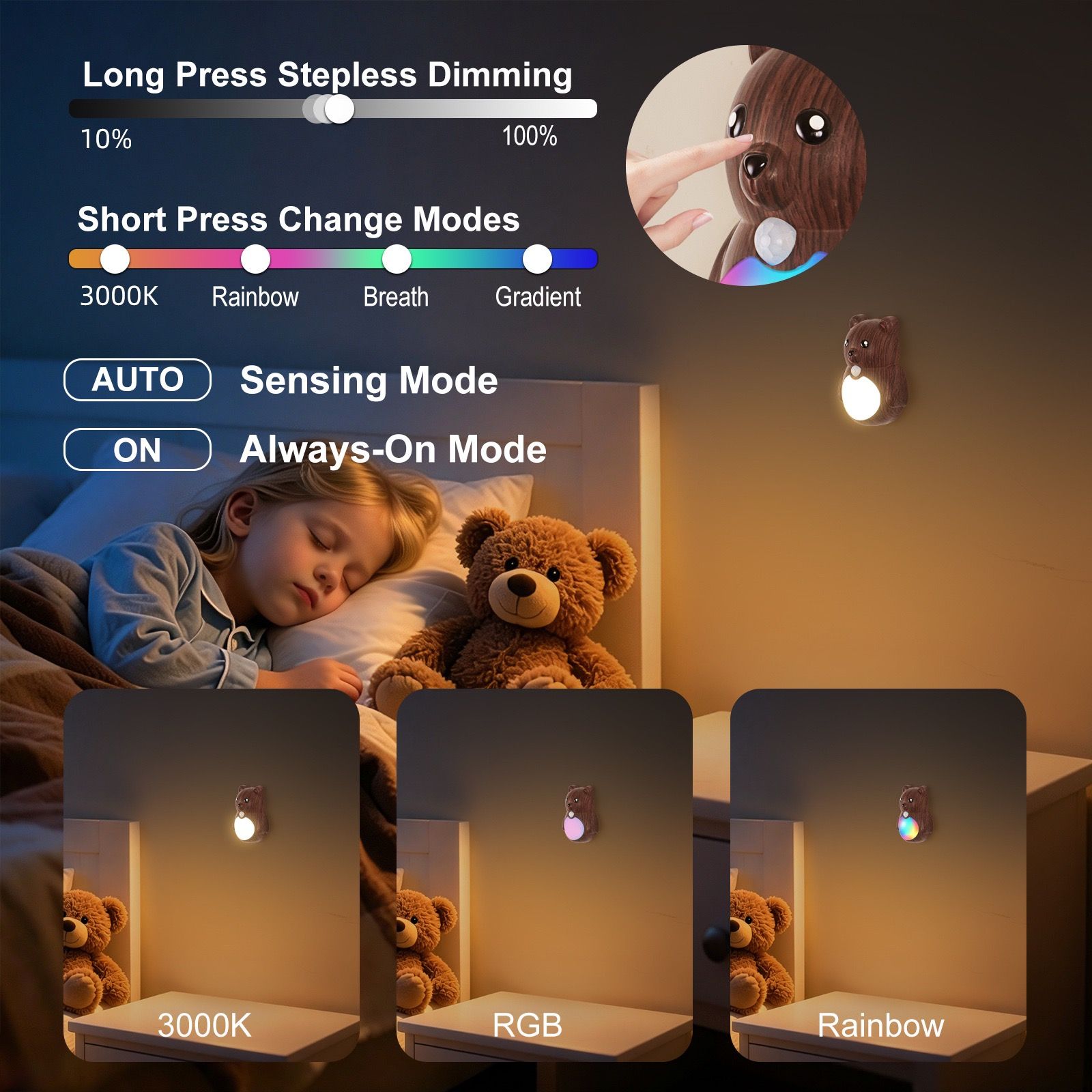 Adorable Cartoon Bear Magnetic Motion Sensor Night Light – Rechargeable LED view 5