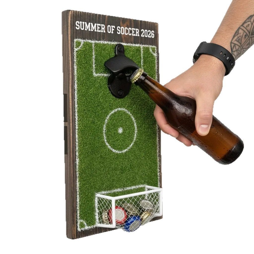Wall-Mounted Soccer Field Bottle Opener with Goal Net Catcher — image 1
